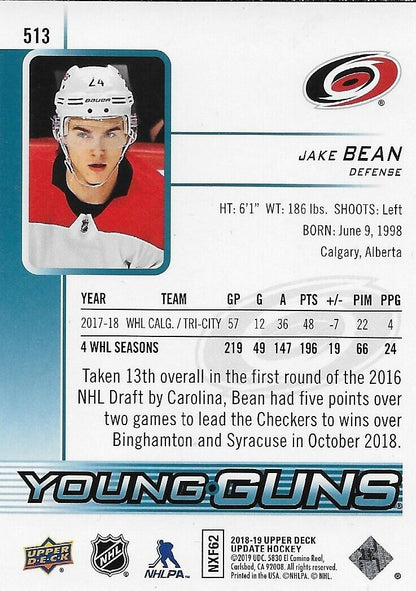 Carte de recrue signée Jake Bean des Hurricanes de la Caroline 2018-19 UD Young Guns