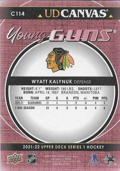 Signed Wyatt Kalynuk 2021-22 UD Chicago Blackhawks Young Guns Canvas Rookie Card