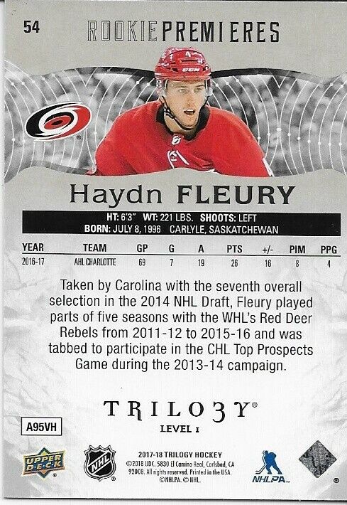 Carte signée Haydn Fleury UD 17/18 Rookie Premieres Trilogy 074/999 Hurricanes