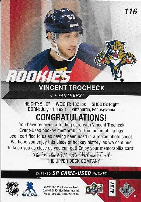 Signed Vincent Trocheck UD 14/15 SP Game Used Rookies Panthers 239/499  Card