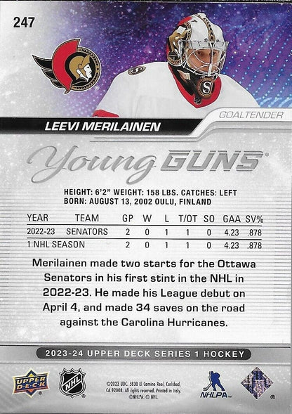 Carte de hockey recrue signée Leevi Merilainen 2023/24 UD Young Guns des Sénateurs d'Ottawa