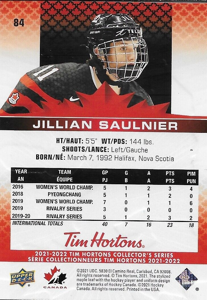 Carte Tim Hortons Upper Deck 2021/22 signée Jillian Saulnier #84 Original