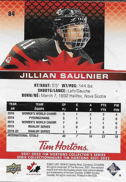 Carte Tim Hortons Upper Deck 2021/22 signée Jillian Saulnier #84 Original