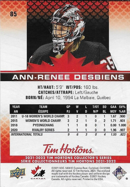 Signed Ann Renee Desbiens 21/22 Upper Deck Tim Hortons Card #85 Original