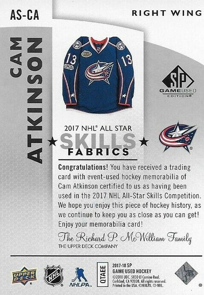 Carte signée Cam Atkinson 17/18 UD SP Skills Fabrics Columbus Blue Jackets #AS-CA