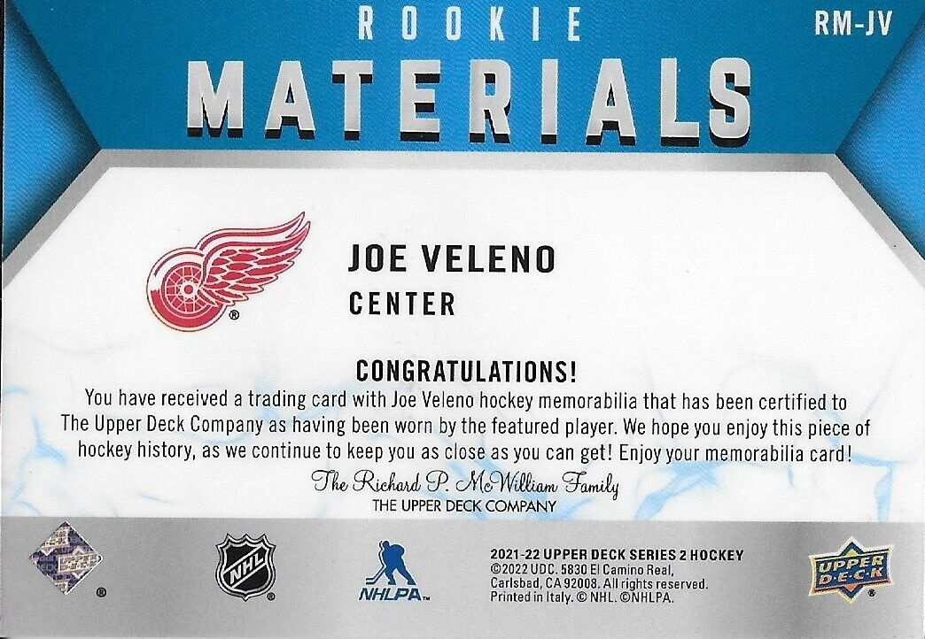 Carte de recrue signée Joe Veleno 21/22 UD Red Wings de Detroit RM-JV