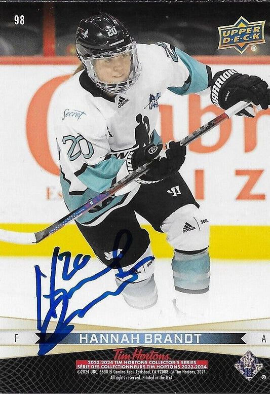 Carte Tim Hortons Upper Deck 2023/24 signée Hannah Brandt #98 Original