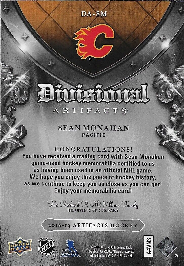 Signed Sean Monahan 2018/19 Pacific Artifacts Game Jersey  Calgary Card  # DA-SM