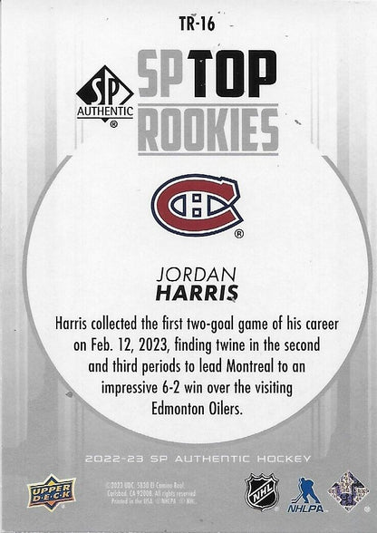Carte authentique SP de la meilleure recrue des Canadiens de Montréal signée Jordan Harris 22/23 UD