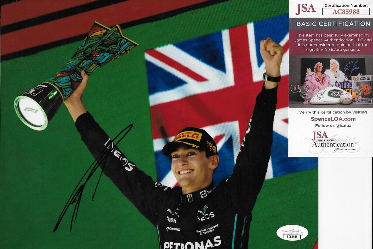 Photo 8x10 signée George Russell Mercedes Racing Formula 1 #2 Authentification JSA