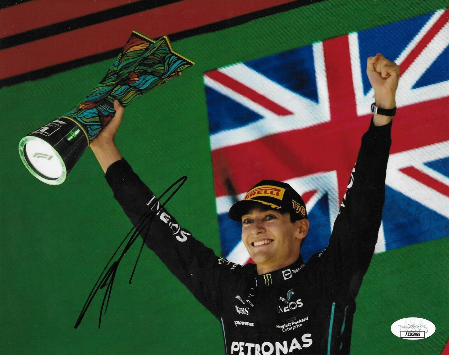 Photo 8x10 signée George Russell Mercedes Racing Formula 1 #2 Authentification JSA