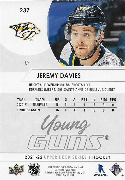 Carte de recrue signée Jeremy Davies Young Guns 2019-20 UD Nashville Predators