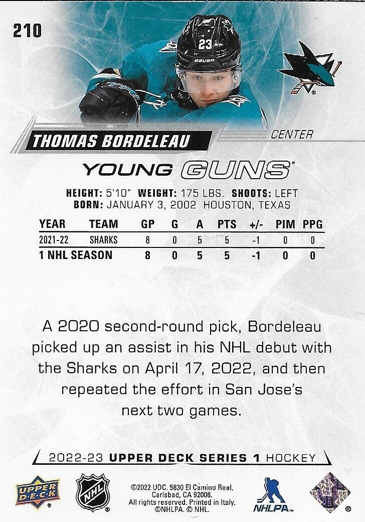 Signed Thomas Bordeleau Young Guns 22-23 Upper Deck San Jose Sharks Rookie Card