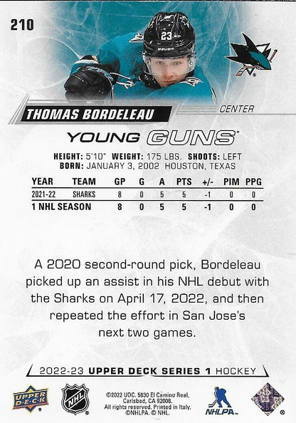Signed Thomas Bordeleau Young Guns 22-23 Upper Deck San Jose Sharks Rookie Card