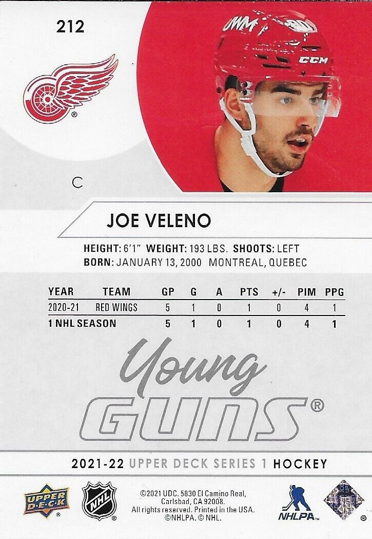 Carte de recrue Upper Deck Young Guns 2021/22 signée Joe Veleno des Detroit Red Wings