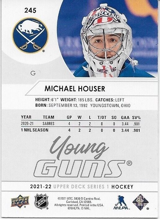 Signed Michael Houser Young Guns 21-22 Upper Deck Buffalo Sabres Rookie Card