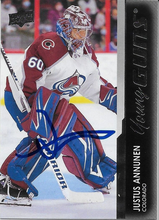 Signed Justus Annunen Young Guns 2021-22 UD Colorado Avalanche Rookie Card #1