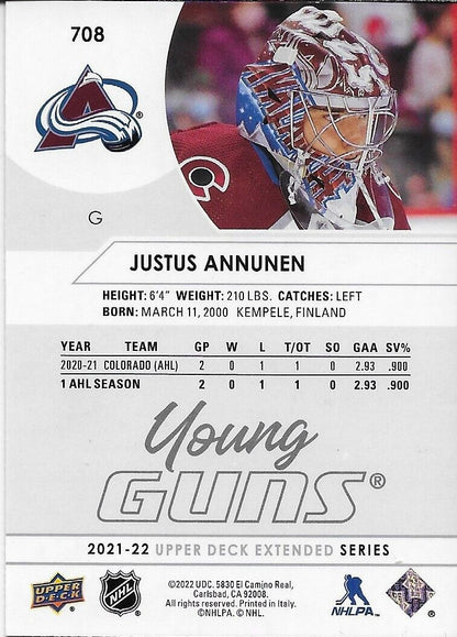 Signed Justus Annunen Young Guns 2021-22 UD Colorado Avalanche Rookie Card #1