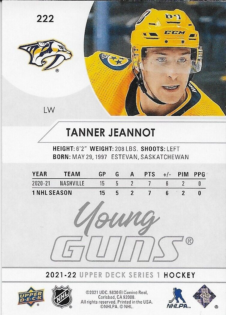 Carte Rookie signée Tanner Jeannot 2021-22 UD Young Guns Nashville Predators