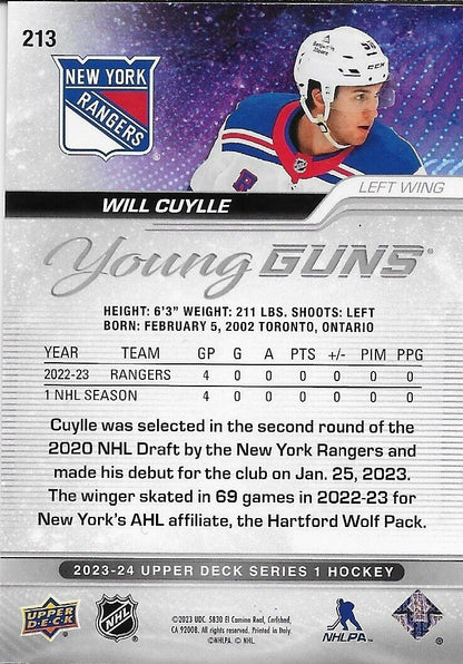 Carte de recrue signée Will Cuylle Young Guns des New York Rangers pour la saison 2023-24