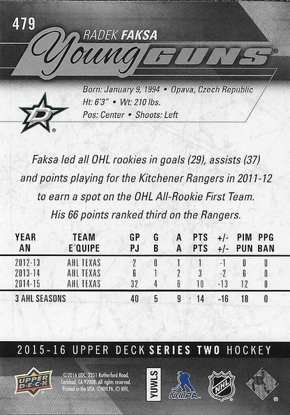Signed Radek Faksa 2015-16 UD Young Guns Dallas Stars Rookie Card