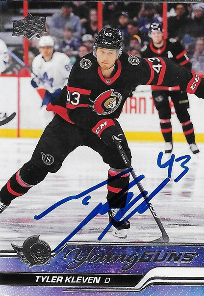 Carte de hockey pour recrue des Sénateurs d'Ottawa Young Guns 2023/24 signée Tyler Kleven