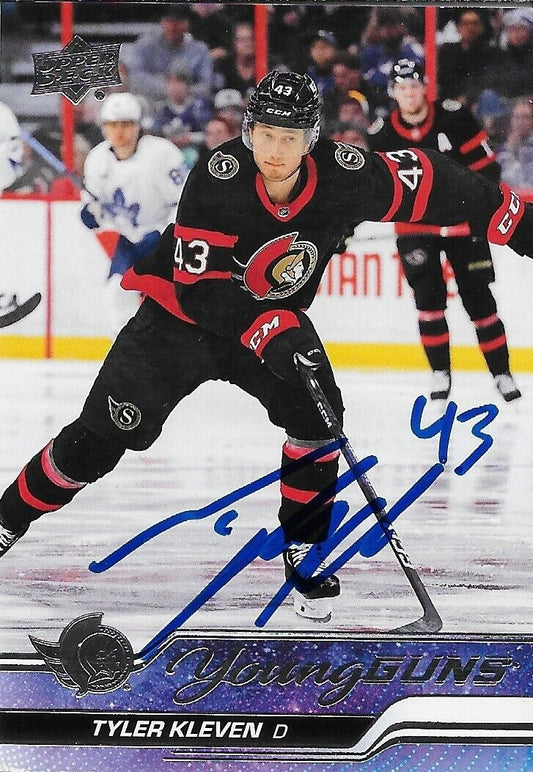 Signed Tyler Kleven 2023/24 UD Young Guns Ottawa Senators Rookie Hockey Card