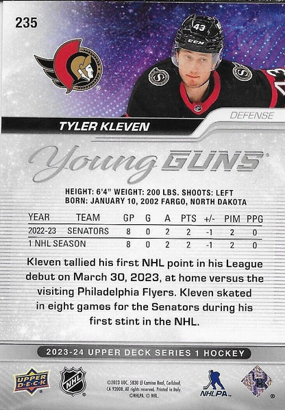 Carte de hockey pour recrue des Sénateurs d'Ottawa Young Guns 2023/24 signée Tyler Kleven