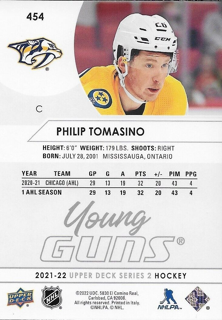Signed Philip Tomasino Young Guns 2021-22 UD Nashville Predators Rookie Card