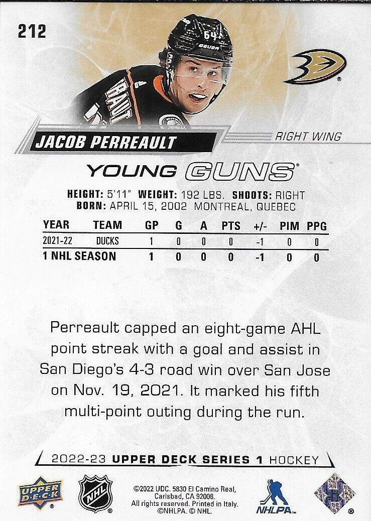 Signed Jacob Perreault Young Guns 2022-23 UD Anaheim Ducks Rookie Card