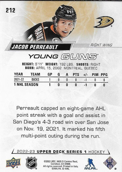 Signed Jacob Perreault Young Guns 2022-23 UD Anaheim Ducks Rookie Card