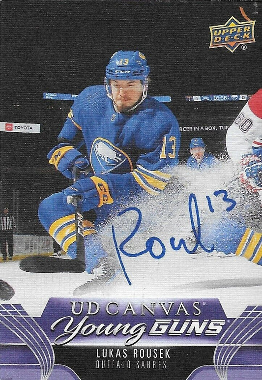 Carte de recrue UD Young Guns 2023-24 signée Lukas Rousek sur toile Buffalo Sabres