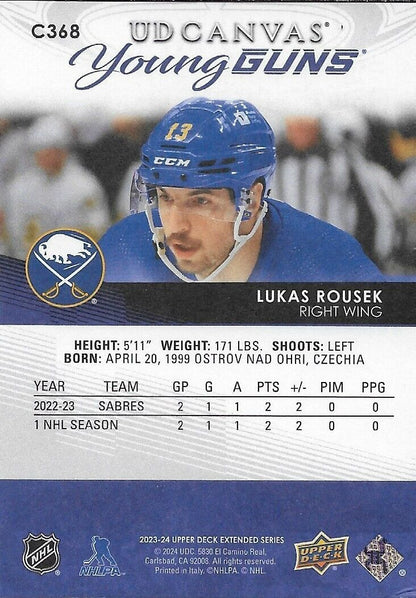 Carte de recrue UD Young Guns 2023-24 signée Lukas Rousek sur toile Buffalo Sabres