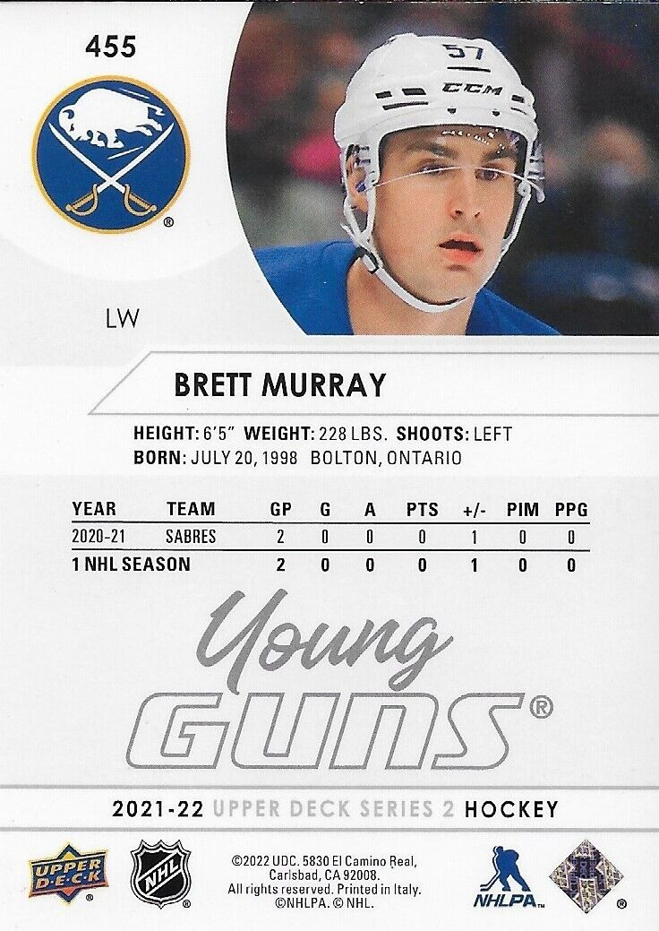 Carte de recrue signée Brett Murray UD Young Guns 2021-22 Buffalo Sabres Original