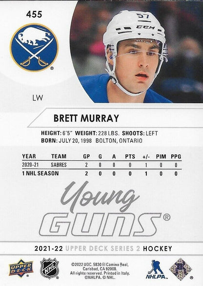 Carte de recrue signée Brett Murray UD Young Guns 2021-22 Buffalo Sabres Original