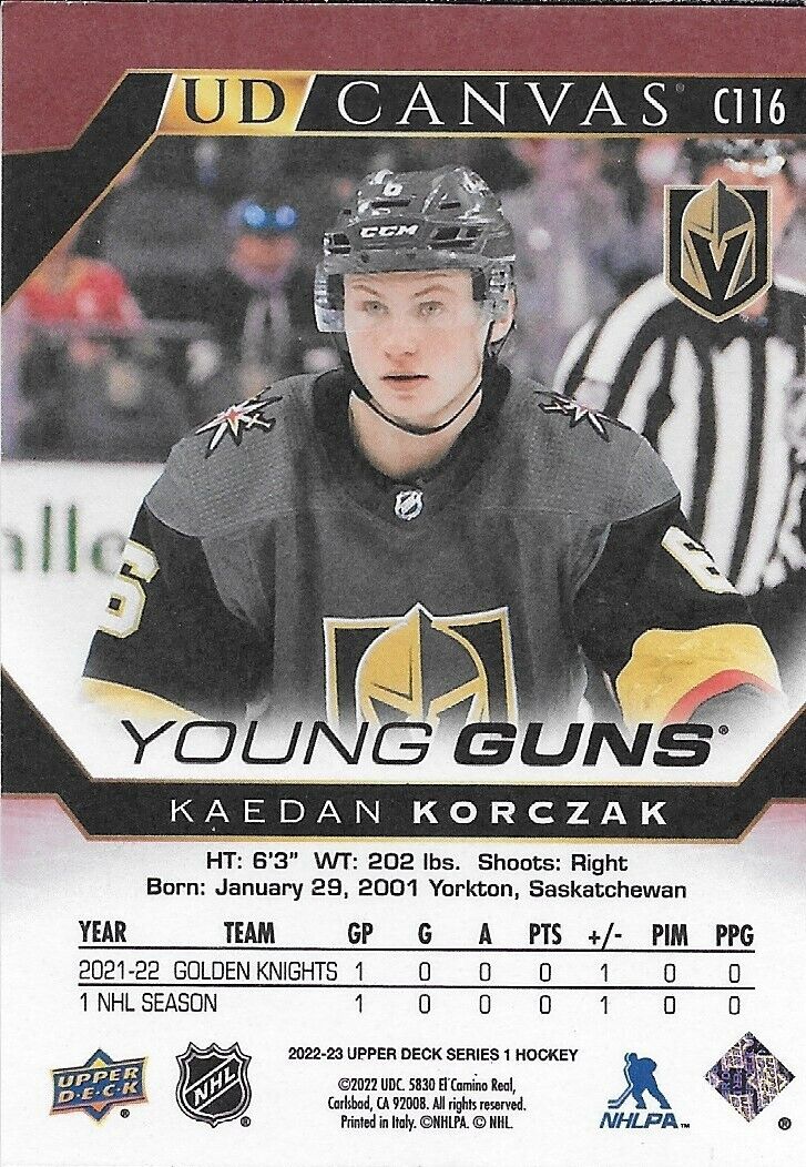 Carte Rookie 2022-23 des Golden Knights signée Kaedan Korczak UD Young Guns
