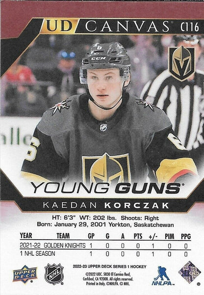 Carte Rookie 2022-23 des Golden Knights signée Kaedan Korczak UD Young Guns