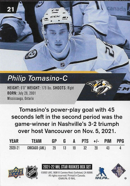 Signed Philip Tomasino 21-22 UD NHL Star Rookies Nashville Predators Rookie Card