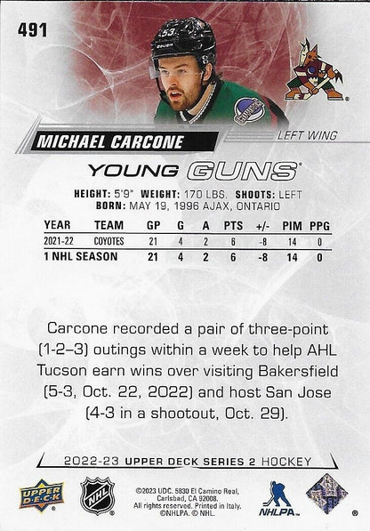 Signed Michael Carcone Young Guns 2022-23 UD Arizona Coyotes Rookie Card