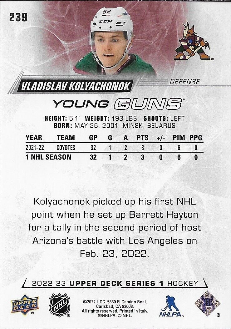 Carte de recrue signée Vladislav Kolyachonok Young Guns 2022-23 UD Arizona Coyotes