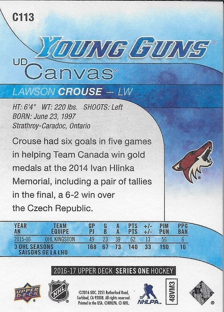 Carte Rookie 2016-17 des Coyotes de l'Arizona signée Lawson Crouse UD Young Guns