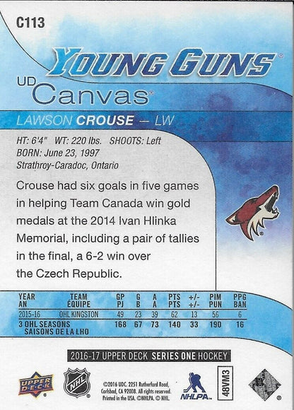 Carte Rookie 2016-17 des Coyotes de l'Arizona signée Lawson Crouse UD Young Guns