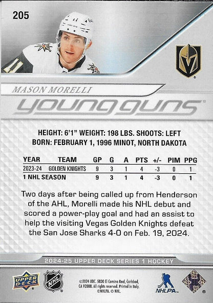 Carte de recrue signée Mason Morelli Young Guns 2024-25 UD Vegas Golden Knights