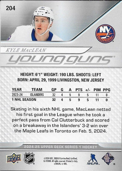 Carte de recrue signée Kyle MacLean Young Guns 2024-25 UD New York Islanders