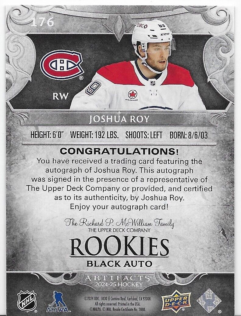 2024-25 Upper Deck Artifacts Hockey Montreal Canadiens Joshua Roy Black Auto 2/5