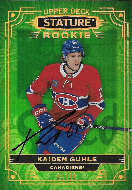 Carte signée Kaiden Guhle UD Rookie Stature 61/99 Green 22-23 des Canadiens de Montréal