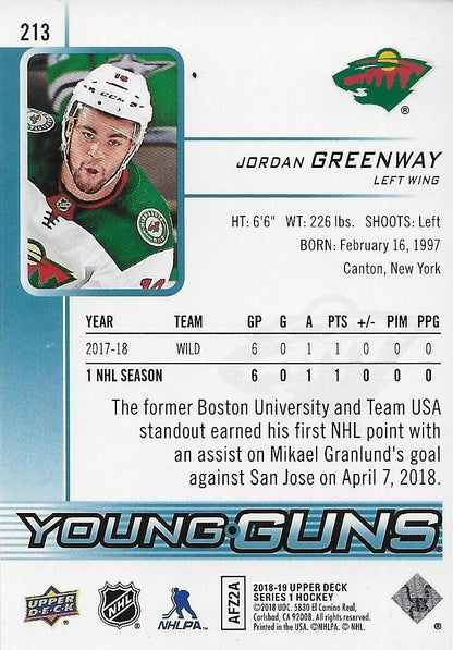 Carte de recrue signée Jordan Greenway Young Guns UD 2018-19 Minnesota Wild