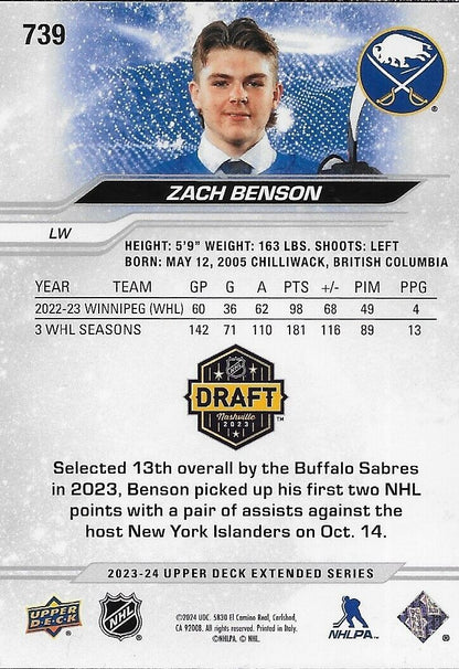 Signed Zach Benson 2023-24 UD Extended Series Buffalo Sabre Rookie Card