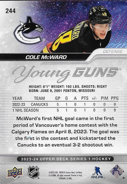 Signed Cole McWard Young Guns 23-24 UD Autographed Vancouver Canucks Rookie Card