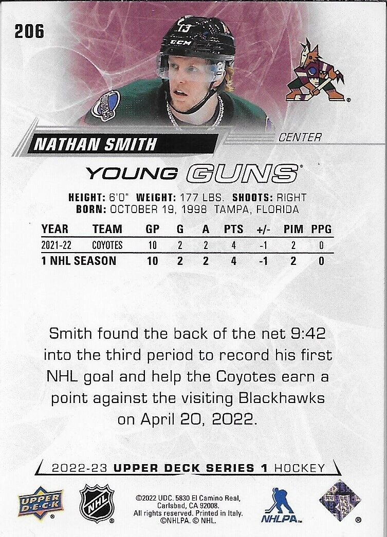 Signed Nathan Smith Young Guns 22-23 UD Arizona Coyotes Autographed Rookie Card
